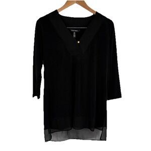 Ellen Tracy Womens Knit Chiffon Top Medium Black Stretch Career Capsule Minimal‎
